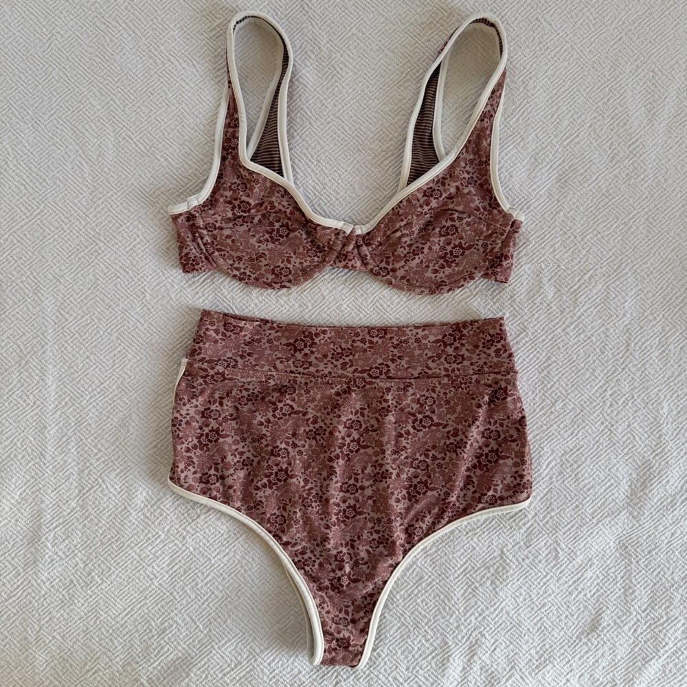 Acacia Swimwear Floral Set - Maroon/Brown and Cream